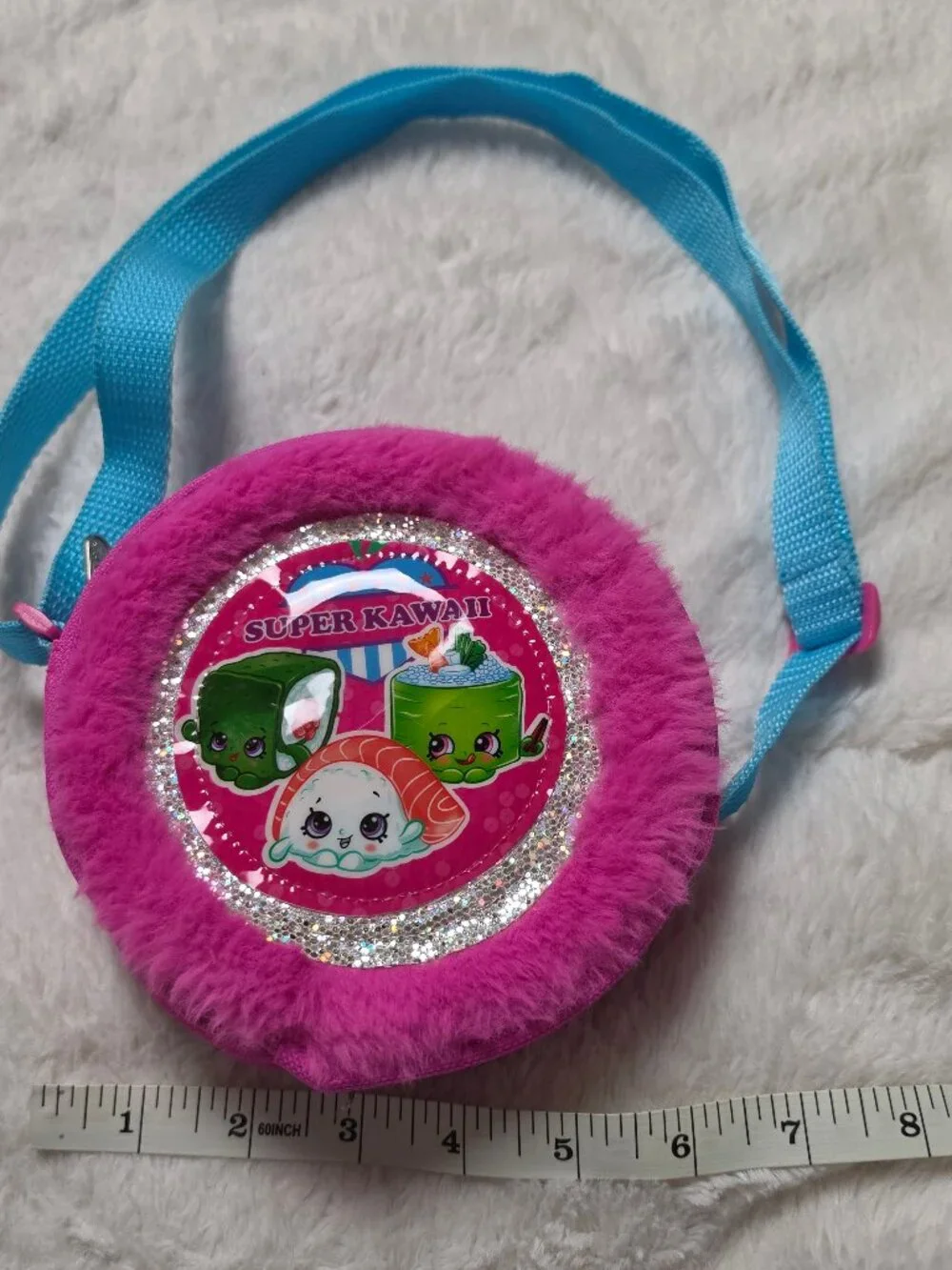 Shopkins Girls Faux Fur Crossbody Shoulder Bag Pink Blue Strap Sushi Kawaii
